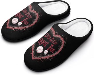 Generic Little Sister Biggest Fan Baseball Cotton Womens Slip-on Slippers Winter Warm House Shoes with Rubber Sole for Home Office Hotel