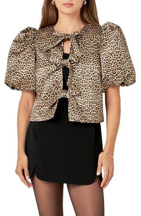 English Factory Leopard Print Tie Front Puff Sleeve Top in Brown at Nordstrom, Size Small