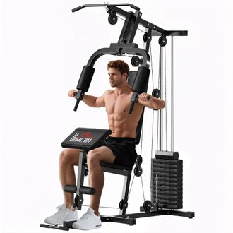 HOMCOM Homcom Multiestaci&oacute;n Musculaci&oacute;n Con Prensa De Pecho, Placas De Peso 65 Kg, Curl De Piernas Y Brazos, Polea Mariposa, Para Casa Gimnasio, Negro