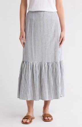 Caslon Stripe Tiered Linen Blend Midi Skirt in Blue Insignia- Ivory Brianne S at Nordstrom Rack, Size X-Small