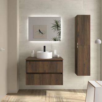 Cygnus Bath Mueble De Ba&ntilde;o Kira 80cm Nogal 2 Cajones Lavabo Sobre Encimera 1 Poza Porcelana