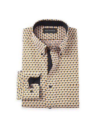 Paul Fredrick Slim Fit Non-iron Cotton Houndstooth Dress Shirt With Contrast Trim