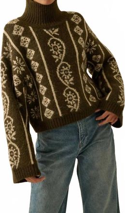 Promesa Abstract Floral Jacquard Fuzzy Mock Neck Sweater In Olive