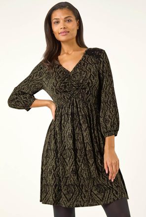 Roman Abstract Print Lace Trim Stretch Dress