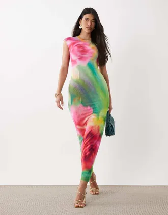 AFRM Mylo - Vestito lungo in rete con maniche ad aletta e stampa astratta a fiori-Multi