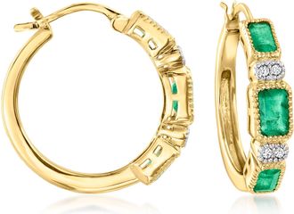 Ross-Simons Emerald and. Diamond Hoop Earrings in 18kt Gold Over Sterling