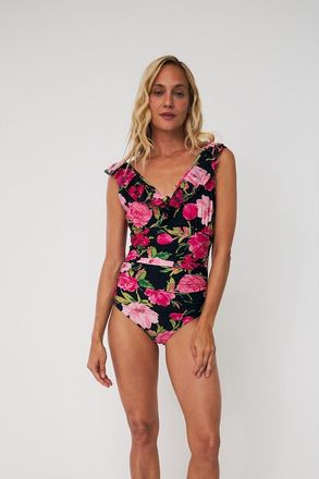 Cras Agnescras Ruffle V-Neck Swimsuit in Floral Romance at Nordstrom, Size 12