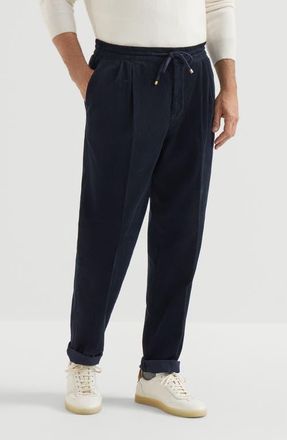 Brunello Cucinelli Garment-dyed trousers in cotton narrow wale corduroy with drawstring and double pleats in Navy Blue at Nordstrom, Size 52 It
