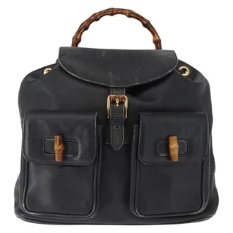Gucci Vintage Bamboo Leather Black Leather Backpack Bag (Pre-Owned)