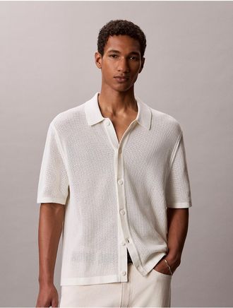 Calvin Klein Jeans Calvin Klein Mens Cotton Mesh Button-Down Sweater - White - 2XL