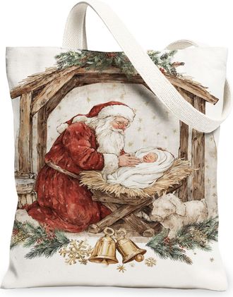 Generic Christmas Santa Canvas Tote Bags, Vintage Holiday Scene Lightweight Washable Shoulder Strap Reusable Shopping Bags for Trav, White, 13x15 Inch