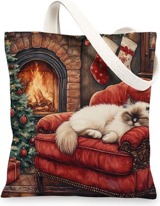 Generic Christmas Ragdoll Cat Canvas Tote Bag for Shopping 13x15, Xmas Fireplaces Scenic Reusable Grocery Print Pattern Bag for Women Men, Holiday New Year Ae