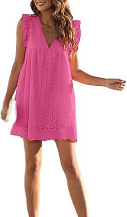 Generic California Romper Dress with Shorts, Womens Summer Womens Ruffle Sleeve V Neck Dress with Shorts (Rose Red,XXL)