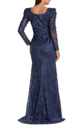 Mac Duggal Embroidered Applique Shoulder Detail Trumpet Gown in Midnight at Nordstrom, Size 14