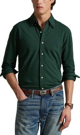 Polo Ralph Lauren Featherweight Stretch Cotton Piqué Button-Down Shirt in Scotch Pine Heather at Nordstrom, Size Xx-Large