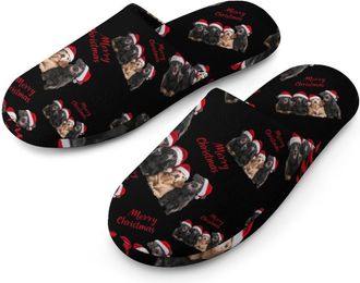 Generic Santa Hats Dogs Christmas Flannel Mens Slip-on Slippers Winter Warm House Shoes with Rubber Sole for Home Hotel
