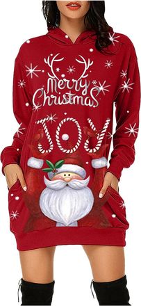 Generic Merry Christmas Womens Oversized Crew Neck Sweatshirt Dress - Long Sleeves, Funny Cute Xmas Print, Wine Glass Graphic, Casual Top Pullover Blouse