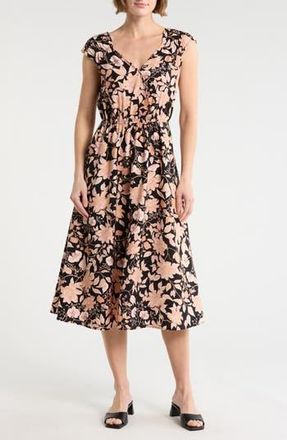 Lucky Brand Floral Cap Sleeve Midi Dress in Black Floral at Nordstrom Rack, Size X-Large