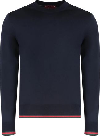 Gucci Wollen Gebreide Trui Met Web - Heren - Ronde hals truien - Blauw - M - Wol - Truien & Vesten