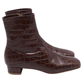 by FAR Croc-Embossed Ankle Boots in Brown Leather