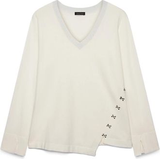 Fiorella Rubino Viscose Blend Trui met Metallic Applicaties - Dames - V-hals truien - Wit - XS - Polyester - Truien & Vesten