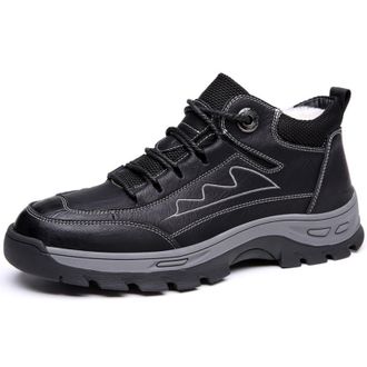 Generic Mens Flat Heel Lug Sole Casual Shoes Lace Up Outdoor Boots Round Toe PU Leather Work Boots,Black,7.5 UK