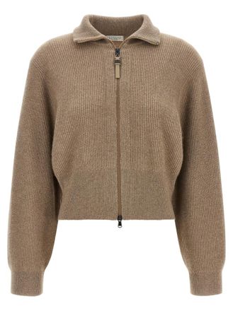 Brunello Cucinelli Brown Knitted Shirt Collar Cardigan