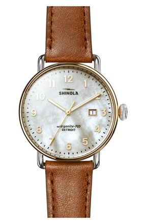 Shinola Canfield Leather Strap Watch, 38mm in White Mother Of Pearl at Nordstrom