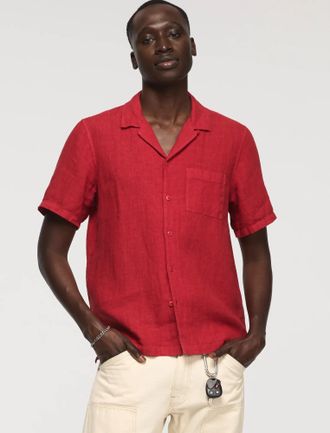 Lucky Brand Mens Short Sleeve Linen Camp Collar Shirt