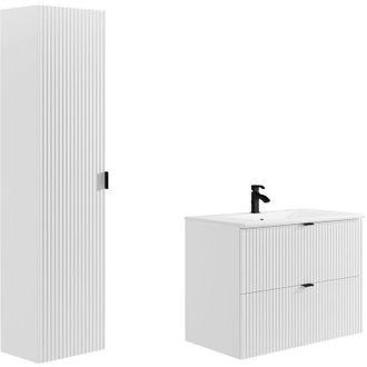 Vente-Unique Vente-unique - Mobile per bagno sospeso con scanalature e lavabo da incasso e colonna 80 cm Bianco opaco - zevini
