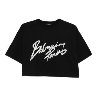 Balmain T-Shirts, female, Black, Size: XS Logo Crop Cotton T-Shirt