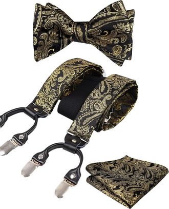 Alizeal Mens Self-Tied Adjustable Floral Paisley Bow Tie, Pocket Square and Elastic Y Shape 6 Clips Braces Set, Black+Gold