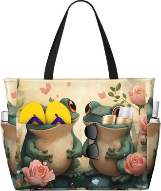 Generic Cute Frog Print Large Beach Bag Foldable Travel Shoulder Tote Bag With Pocket For Weekender Pool Vacation
