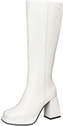 Generic Women Knee High Metallic PU Leather Square Toe Fashion Boots Block Heels Side Zip Glossy Solid Color Comfortable Durable,White,3.5 UK