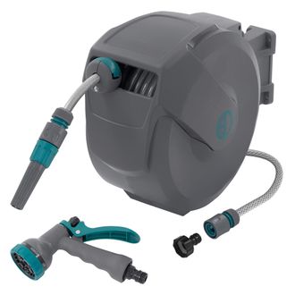 ECD Germany Carrete De Manguera 15m + 1,5m Extensible De Pvc Enrollador Autom&aacute;tico Portamanguera Con Bloqueo Y 9 Funciones De Pulverizaci&oacute;n, Tambor De Pared Girat