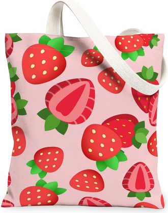 Generic Strawberry Pattern Canvas Tote Bags, Cute Fruit Design Reusable Grocery Bags, Summer Lightweight Washable Shoulder Strap Ca, Peach, 13x15 Inch