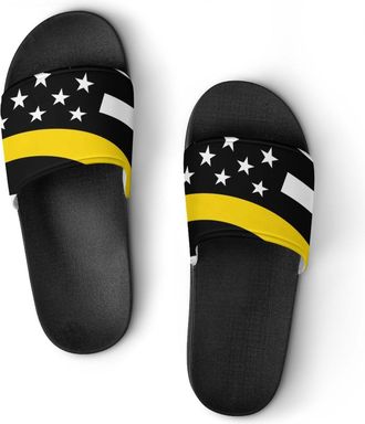 Generic US Thin Yellow Line Flag Shower Shoes Slipper for Women Men Beach Slippers Quick Drying Non Slip Open-Toe Sandals