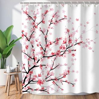 OEM Cortina De Ducha De Tela Con Ganchos, Estampado De Flores De Cerezo Rosas, Cortina De Ducha Decorativa Para Ba&ntilde;o, Lavable - Crezuo
