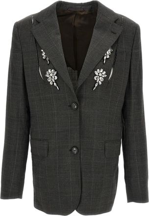 Simone Rocha Grey Slash Crystal Embellished Check Wool Blazer