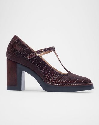 Bernardo Noto Croc-Embossed Leather Mary Jane Pumps