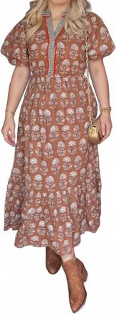 THML Clothing Puff Sleeve Floral Detailed Midi Dress In Beige