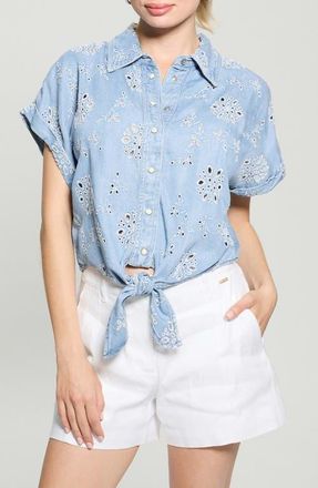 Guess Brigitte Tie Front Eyelet Chambray Shirt in Bodeguita Mid at Nordstrom, Size Small