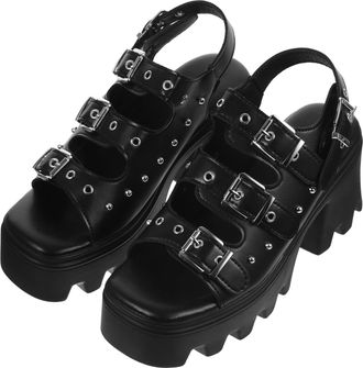 PartyKindom Punk Rivet Sandals for Adult Women Black Thick Heel Roman Shoes with Non-slip Outsole Stylish High Heels with Platform Sole Comfortable Elastic Footbe