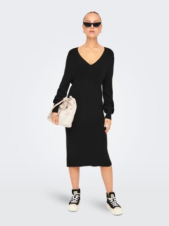 Only Strickkleid ONLY ONLKATIA LS V-NECK DRESS NCA KNT, Damen, Gr. XS, N-Gr, schwarz, Strick, Obermaterial: 50% Viskose, 27% Nylon, 23% Polyester, unifarbe