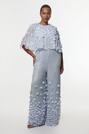 Karen Millen Womens Plus Size Crystal Applique Angel Sleeve Woven Jumpsuit - Blue - Size 22 UK