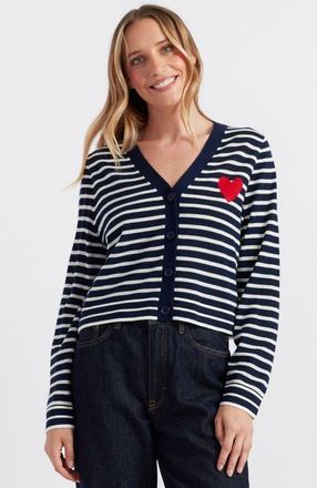 Chinti and Parker Pure Merino Heart Breton Cardigan in Navy/cream/true Red at Nordstrom, Size X-Large