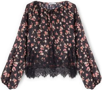 Motivi Georgette Blouse met Bloemendruk en Kant - Dames - Blouses - Zwart - M - Polyester - Overhemden
