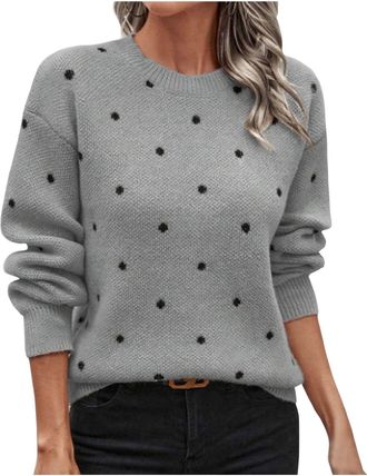 Generic Jumpers for Women UK Crew Neck Polka Dot Long Sleeve Knitted Tops Ladies Casual Elegant Jumper Comfy Soft Pullover Sweaters Autumn Winter Clothing Wom