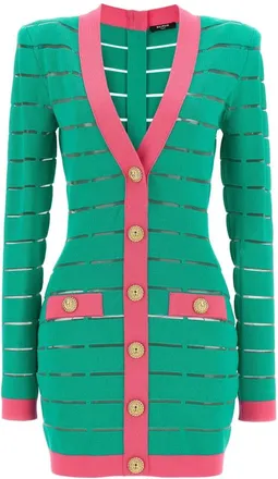 Balmain Knitted Dresses, female, Green, S, Two-tone Knit Dress with Buttons