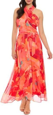 London Times Crossover Halter Neck Chiffon Maxi Dress in Orange/Red at Nordstrom Rack, Size 4